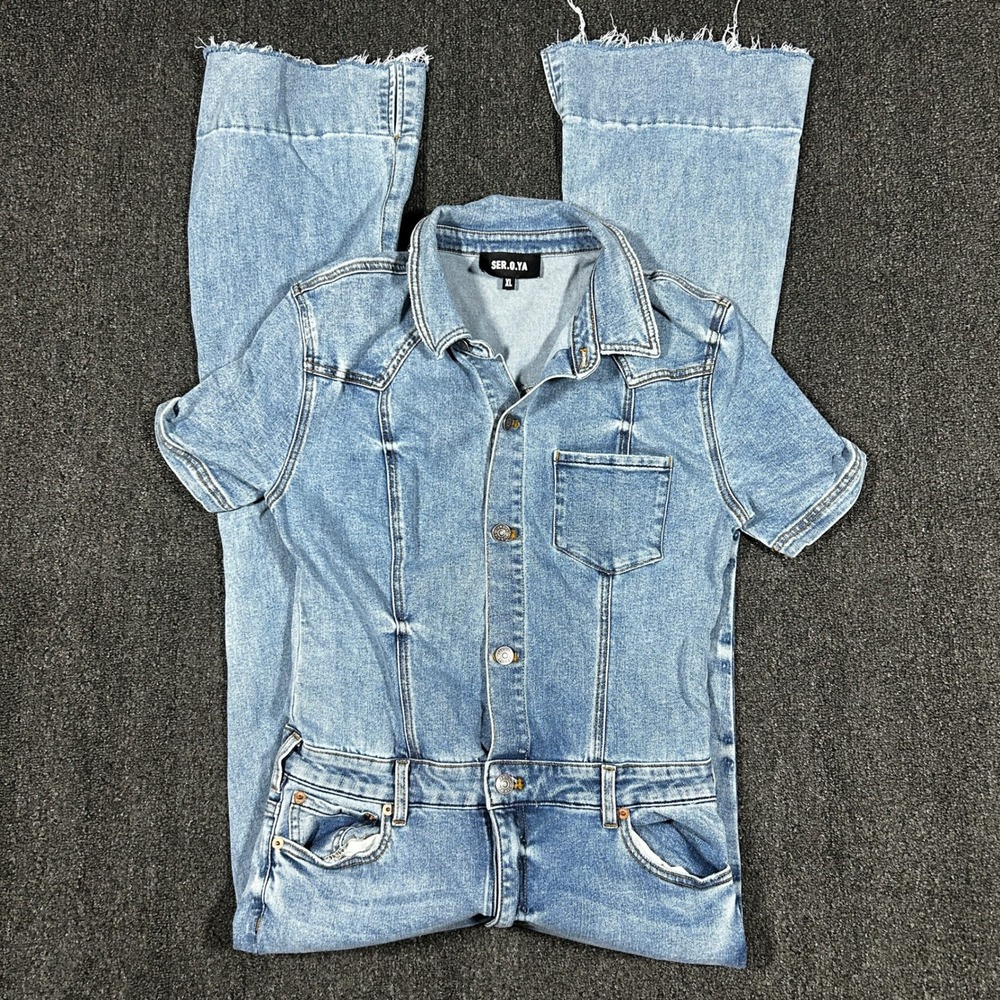 SER.O.YA Sorrento 148 Denim Jumpsuit Women XL Blue Excellent Flare Raw Hem Short